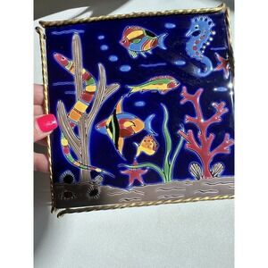 Handmade‎ Ceramic Art Tile Wall Hanging Table Top  Sea Life Fish Sea Horse Blue
